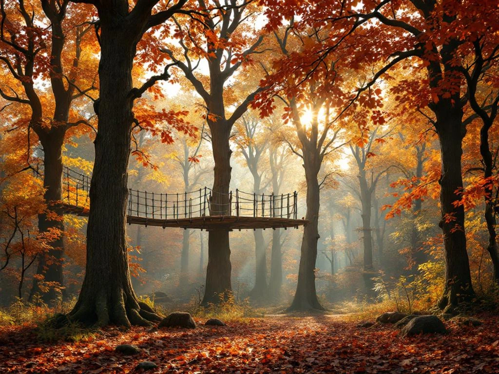 Herfstbos in Overijssel met kleurrijke bladeren en houten avonturenpark tussen eiken en beukenbomen