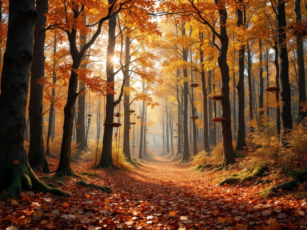 Herfstkleuren bos in Nederland met klimuitrusting in bomen, gouden zonlicht door bladerdek op gevallen bladeren