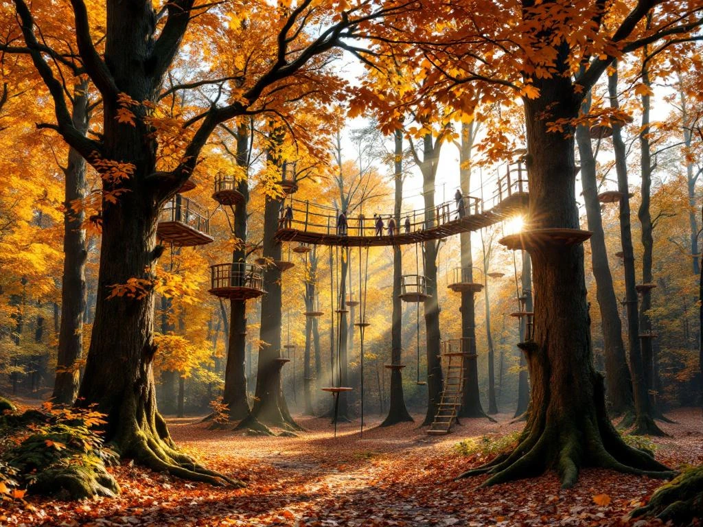 Herfstbos in Nederland met boomklimpark, oranje en gouden bladeren, houten platforms en touwen tussen bomen