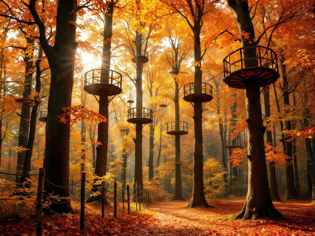 Herfstbos met klimbaan tussen hoge bomen met oranje en gouden bladeren in Nederlands platteland