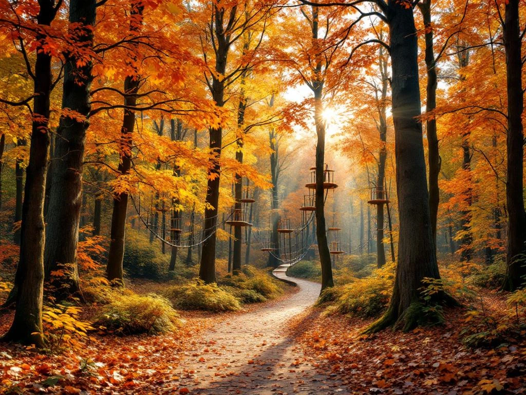 Herfstbos in Nederland met kleurrijke bladeren en houten klimparcours tussen de bomen, zonlicht filtert door de takken