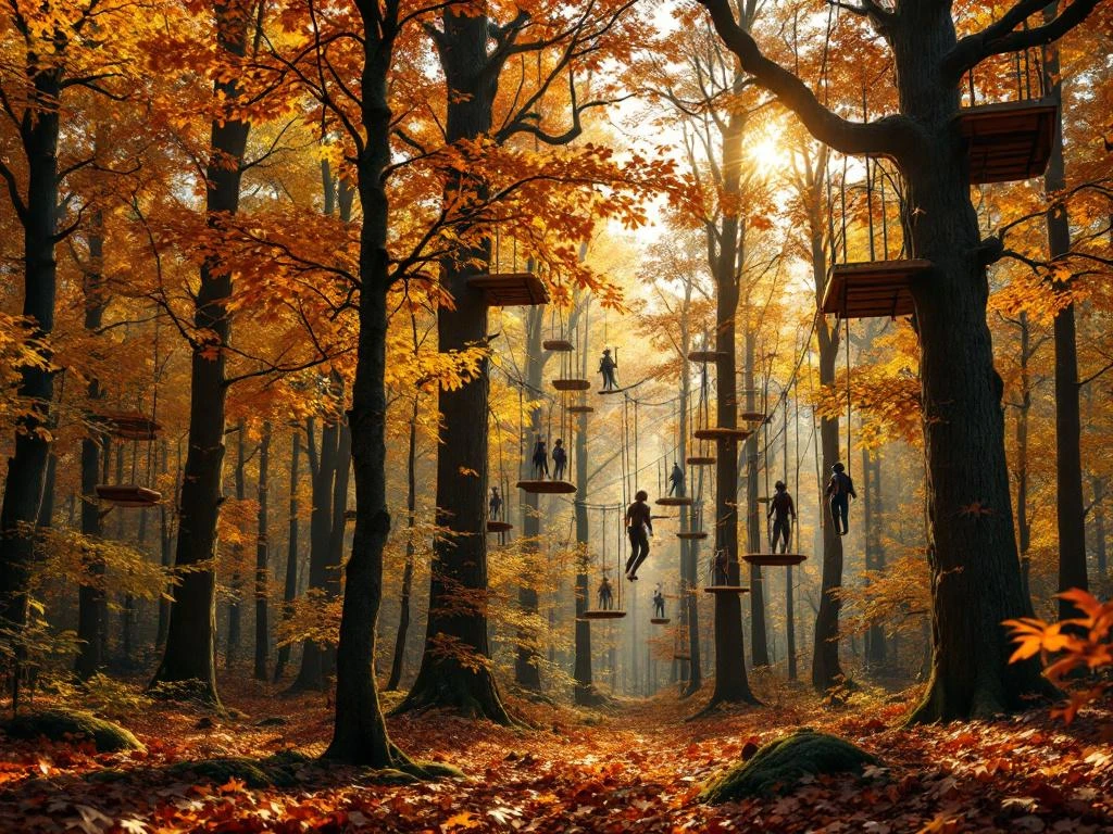 Herfstbos in Nederland met houten klimparcours tussen bomen met oranje en gouden bladeren, zonnestralen door bladerdek