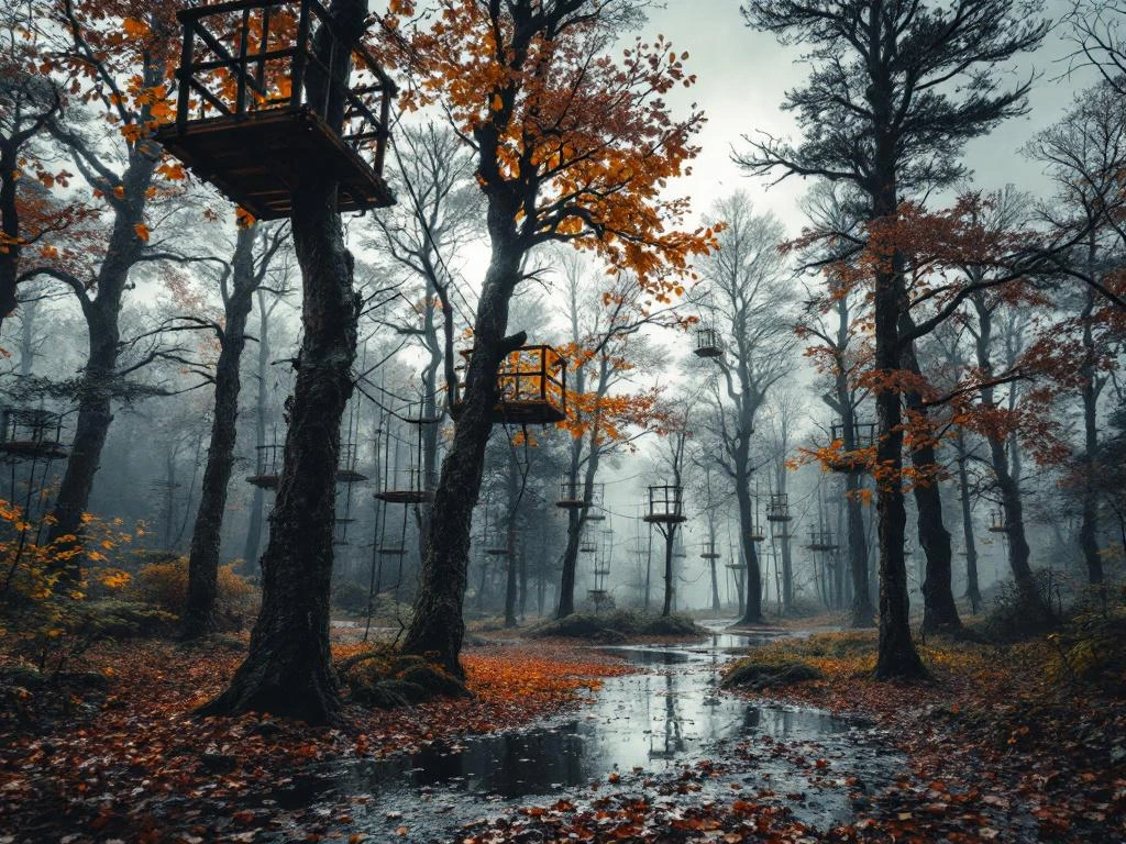 Mistig Nederlands herfstbos met avontuurlijke klimparcours tussen bomen met oranje, rode en gouden bladeren onder stormachtige lucht