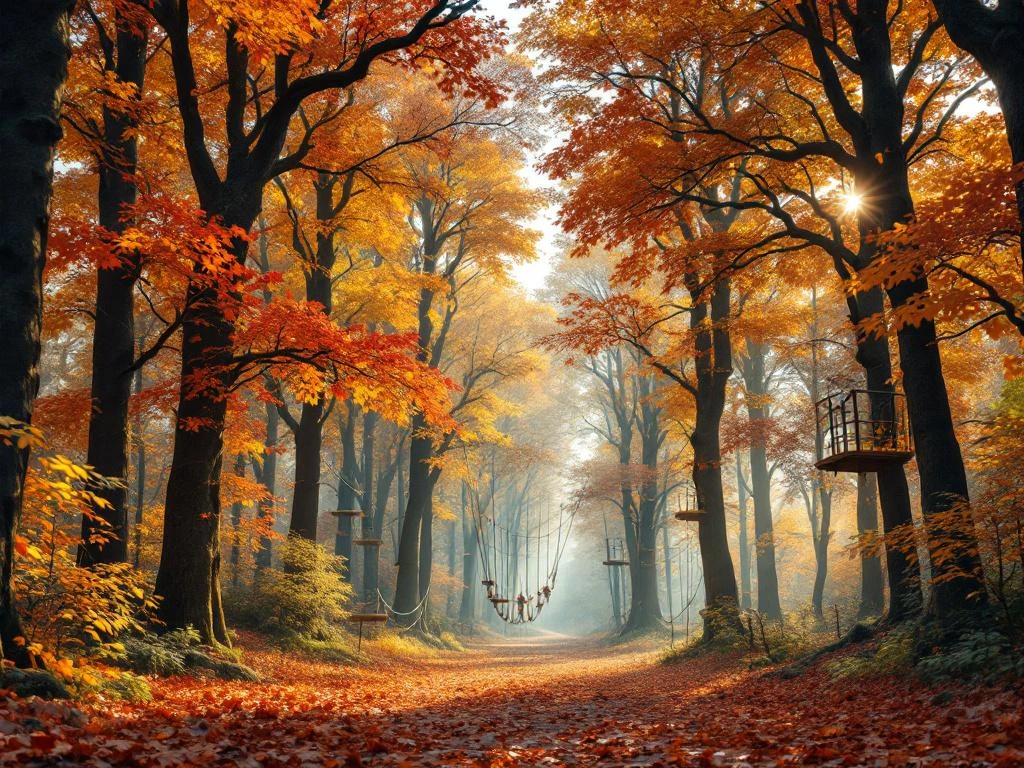 Herfstbos in Nederland met gouden bladeren en avontuurlijke klimuitrusting tussen de bomen voor gezinsactiviteiten