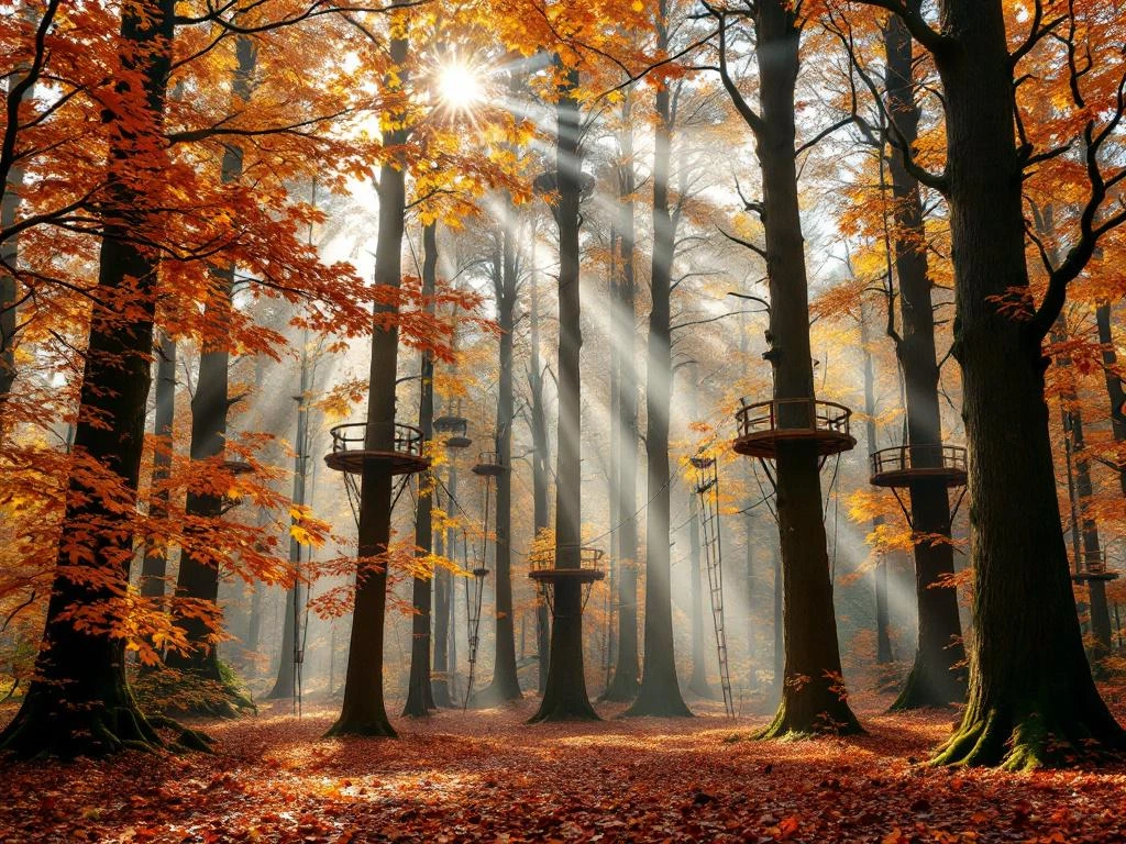 Nederlandse herfstbos met oranje bladeren, klimuitrusting in bomen en mistige ochtendzon door bladerdek