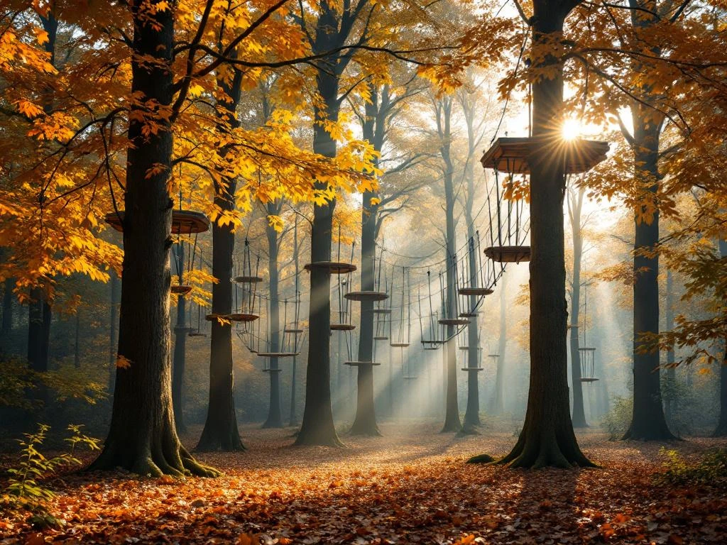 Herfstbos in Overijssel met gouden bladeren en klimbaan elementen tussen de bomen, zonlicht filtert door de takken