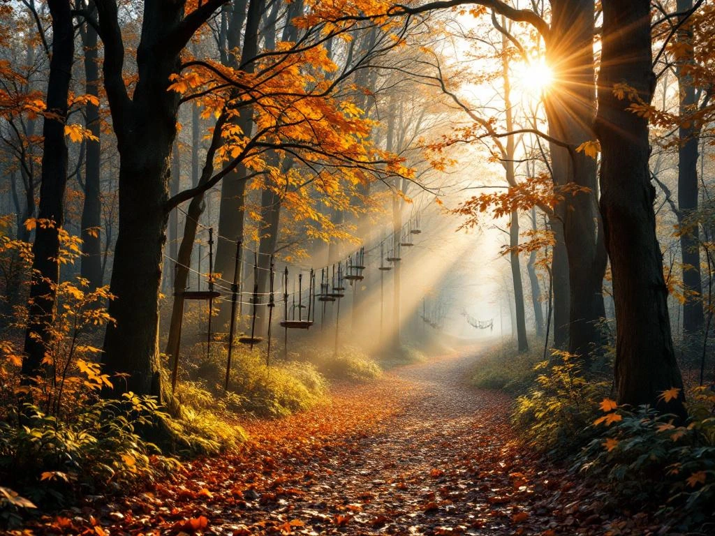 Herfstbos in Overijssel met gouden zonlicht door kale takken, bladeren op bospad en klimbaan in boomtoppen