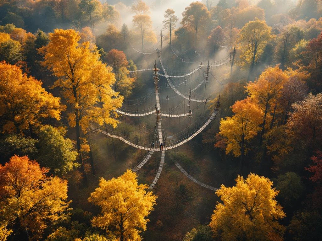 Luchtfoto van klimbos met houten platforms tussen kleurrijke herfstbomen in Nederlandse bossen, Overijssel