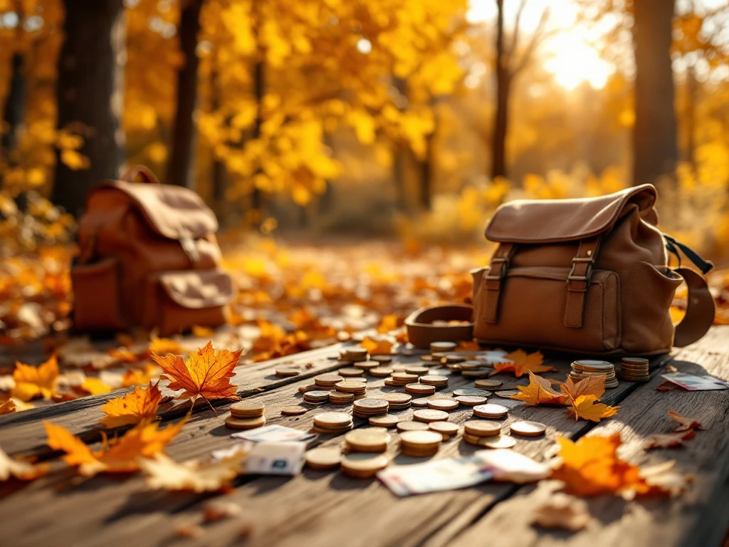 Euromunt en bankbiljetten op houten picknicktafel in Nederlandse herfstlandschap met rugzak en gouden bladeren