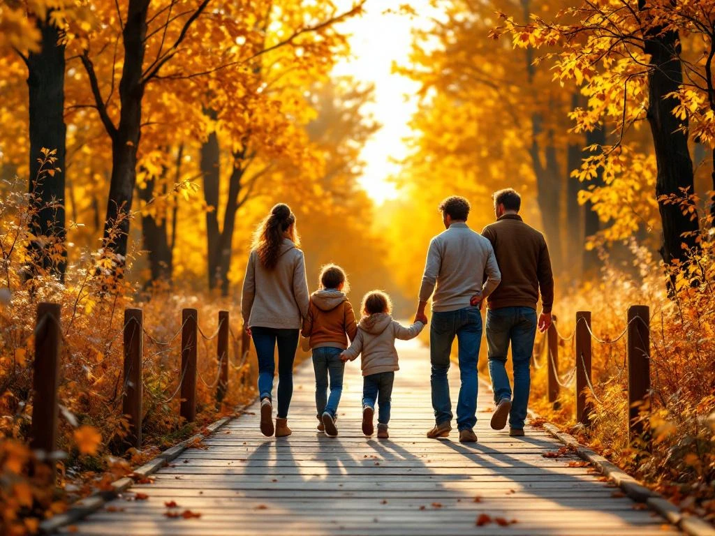 Diverse familie wandelt samen over toegankelijke houten loopbrug door gouden herfstbos in Nederlandse natuur