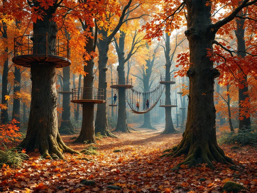 Herfstbos in Nederland met klimbanen, touwbruggen en oranje bladeren tussen hoge bomen in warm zonlicht