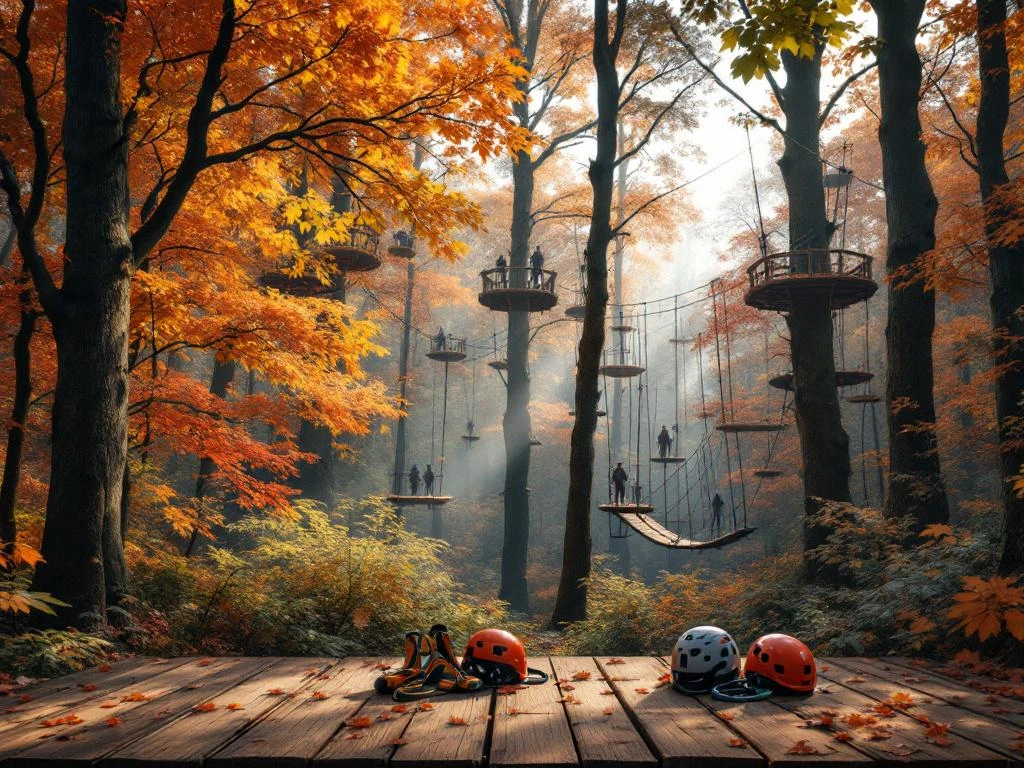 Herfstbos in Nederland met boomklimpark, oranje en gouden bladeren, houten platforms en touwen tussen bomen