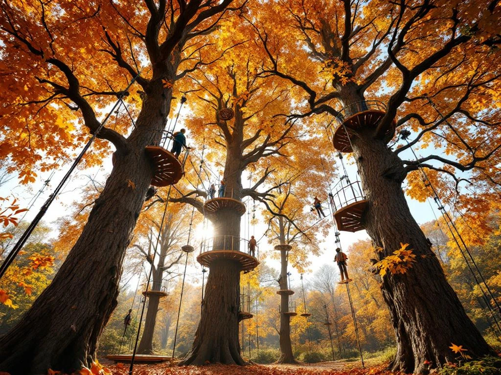 Boomklimpark met touwen en platforms in herfstbos met gouden bladeren, gezien vanuit lage hoek omhoog door bladerdek