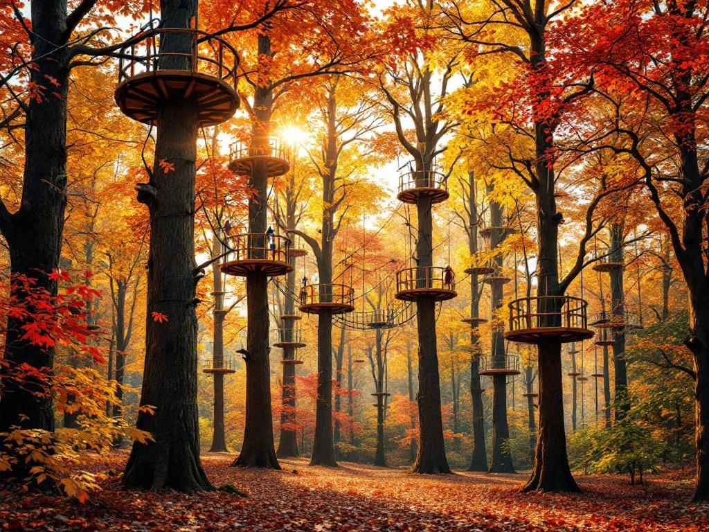 Boomklimparcours met houten platforms en touwen tussen eiken en beuken met herfstkleuren in Nederlands bos