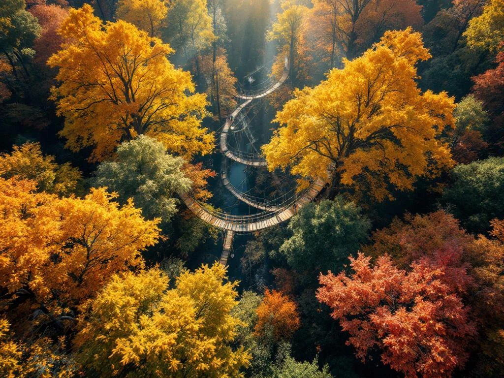 Luchtfoto van Nederlands klimbos met houten platforms en touwbruggen tussen herfstbomen in gouden en rode tinten