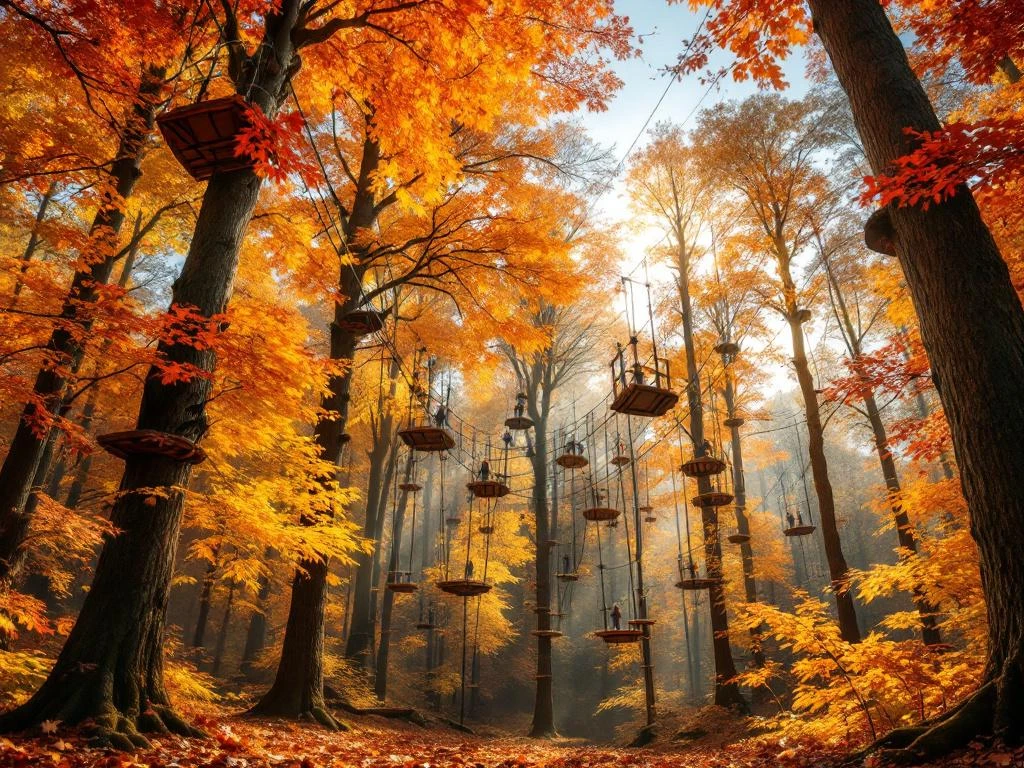 Klimbos met touwbruggen en platforms tussen herfstbomen met oranje en gouden bladeren in Nederlands bos