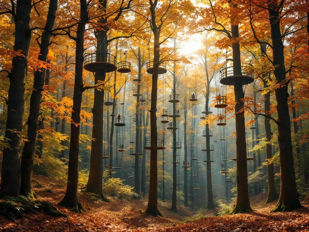 Boomklimpark in Nederlands herfstbos met houten platforms, touwbruggen en ziplines tussen bomen met goudkleurig bladerdek