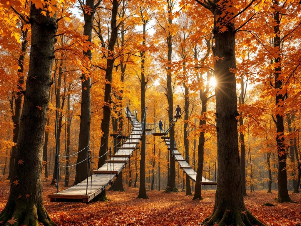 Houten klimplatform tussen bomen met oranje herfstbladeren in Nederlands bos, veiligheidsuitrusting zichtbaar