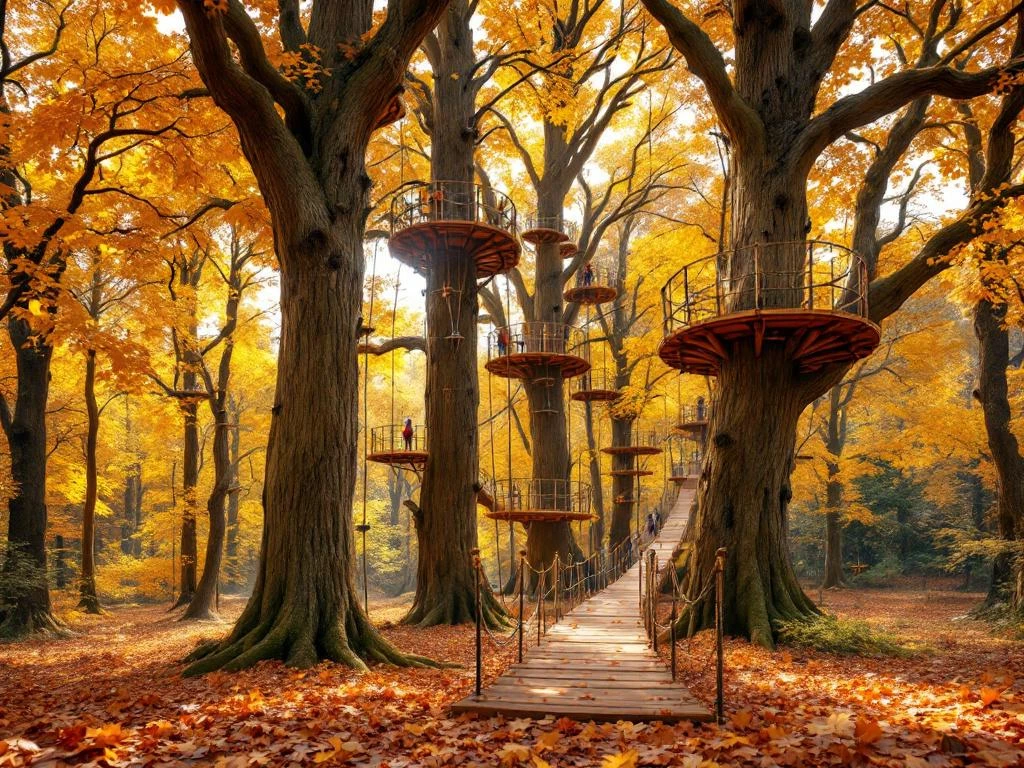 Avonturenpark met houten platforms en touwbruggen tussen herfstbomen in Nederlands bos met gouden bladeren