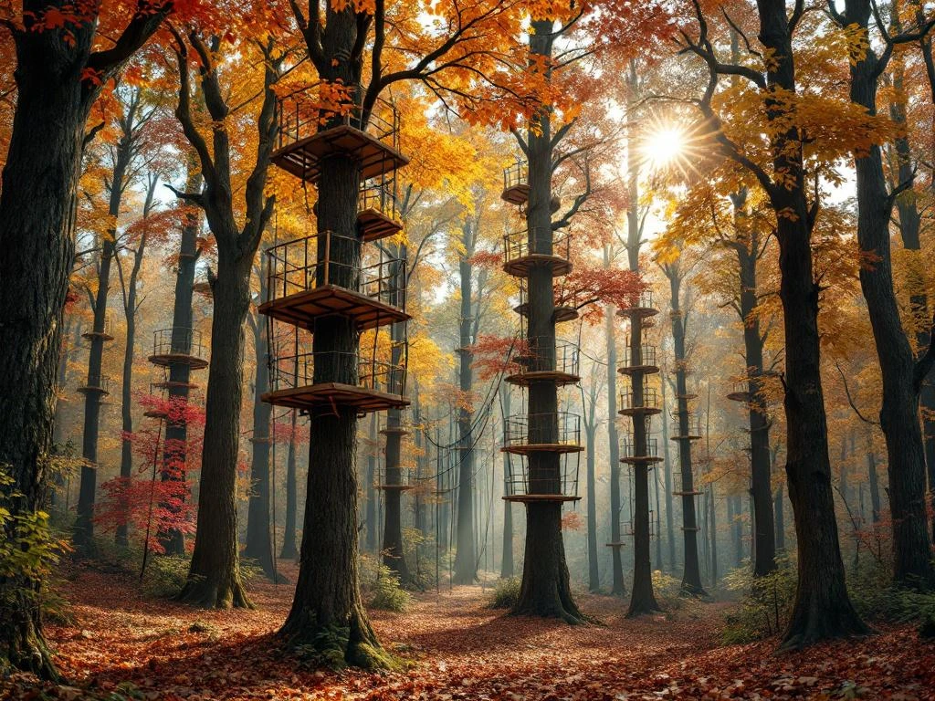 Boomklimpark in Nederlands herfstbos met houten platforms, touwbruggen en klimparcours tussen bomen met oranje bladeren