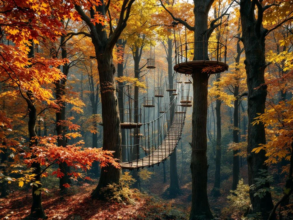 Boomtoppenpad met houten platforms en touwbruggen tussen herfstbomen met oranje en gouden bladeren in Nederlands bos