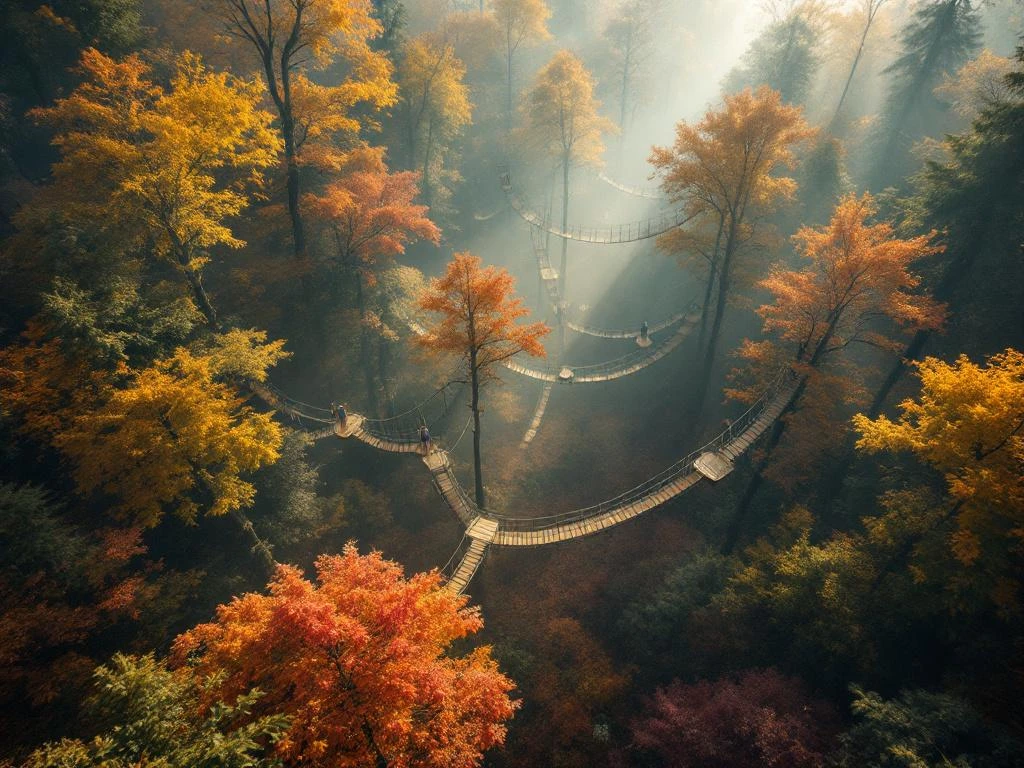 Luchtfoto van Nederlands herfstbos met oranje en gele bladeren, houten klimparcours en hangbruggen tussen de bomen