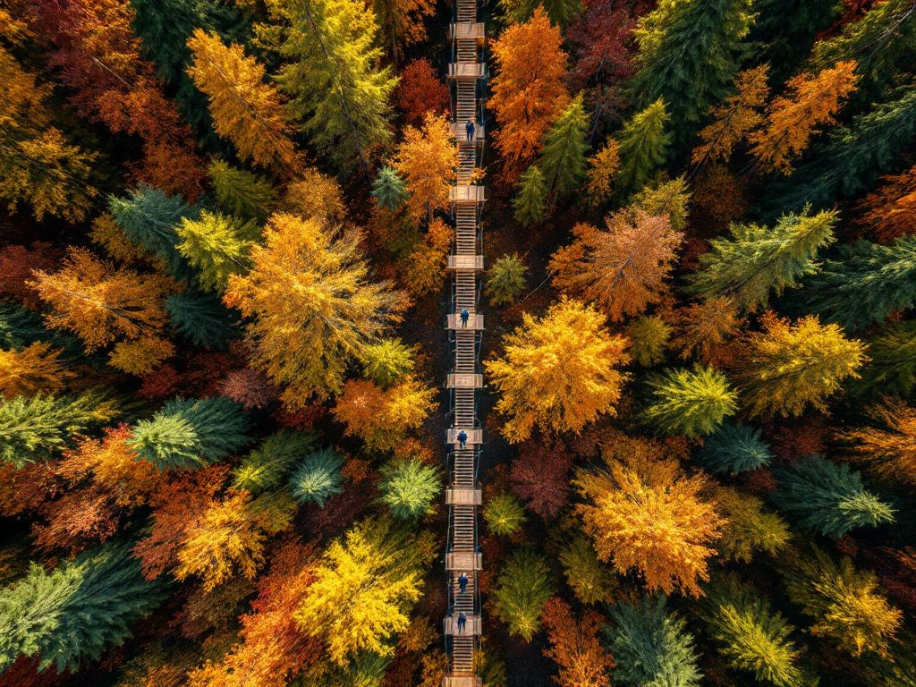 Luchtfoto van Nederlands bos met herfstbladeren en boomklimplatforms tussen oranje en gouden bladerdek