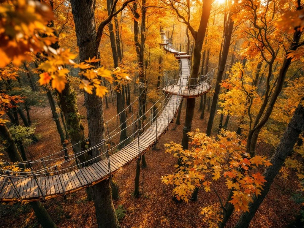 Boomtoppenpad met houten platforms en touwbruggen tussen bomen met oranje herfstbladeren in Nederlands bos