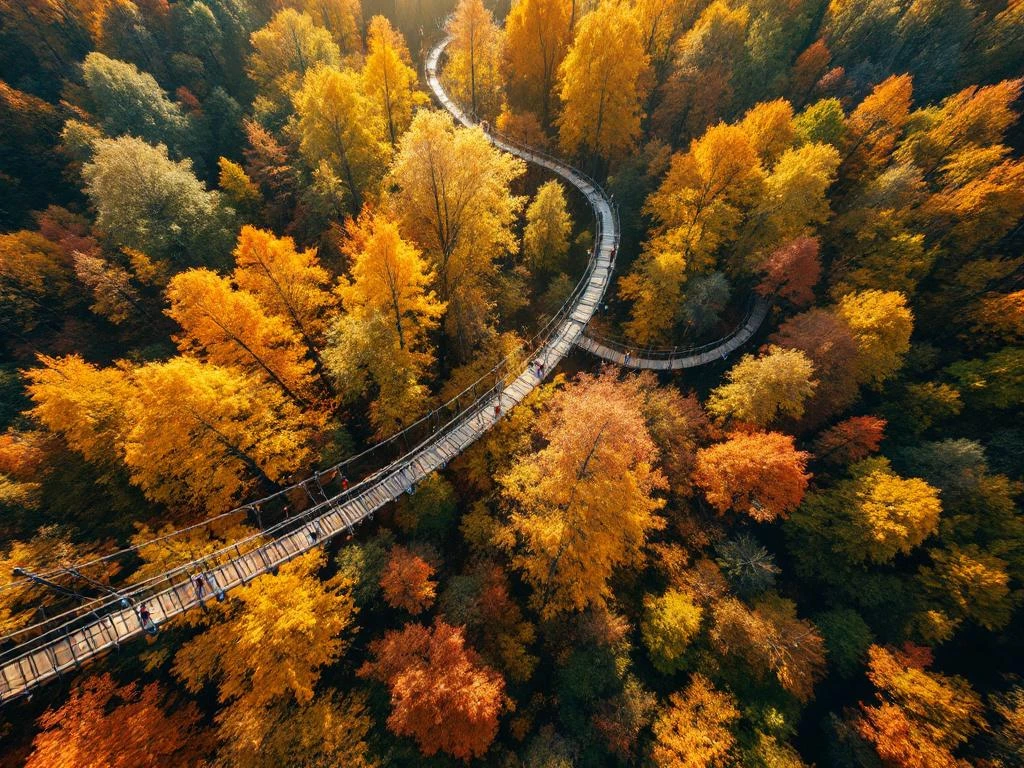 Luchtfoto van klimbaan door Nederlandse herfstbos met gouden bomen, houten platforms en touwbruggen tussen eiken