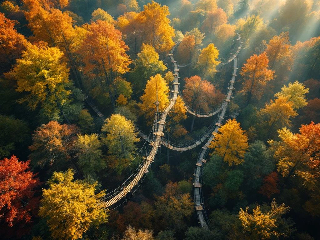 Luchtfoto van boomtoppenpad met houten platforms en touwen door kleurrijke Nederlandse herfstbossen