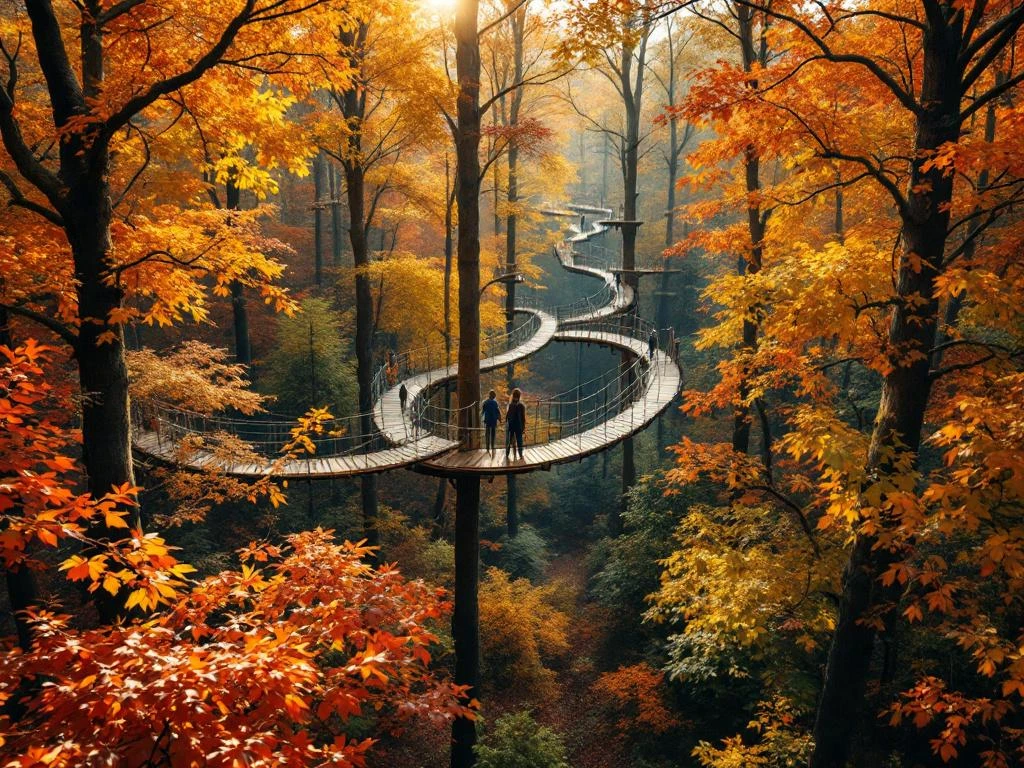 Boomkruin avonturenpark met houten platforms en touwbruggen tussen kleurrijke herfstbomen in Nederlands bos