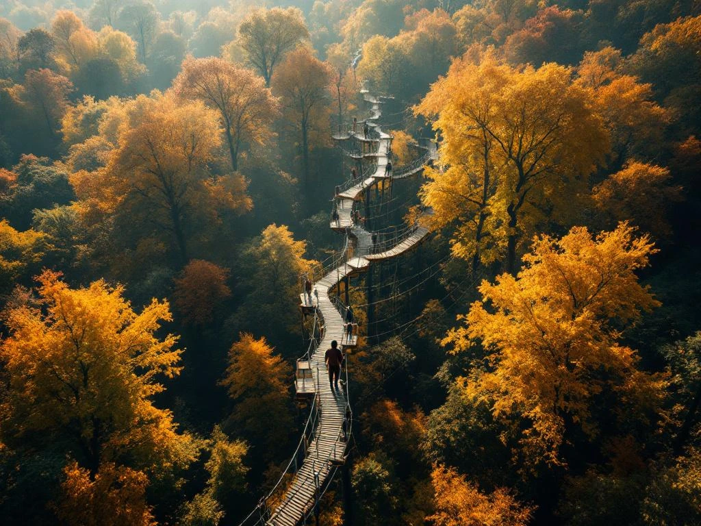 Boomtopklimpark met houten platforms en touwbruggen in Nederlandse herfstbos met gouden bladeren en zonlicht