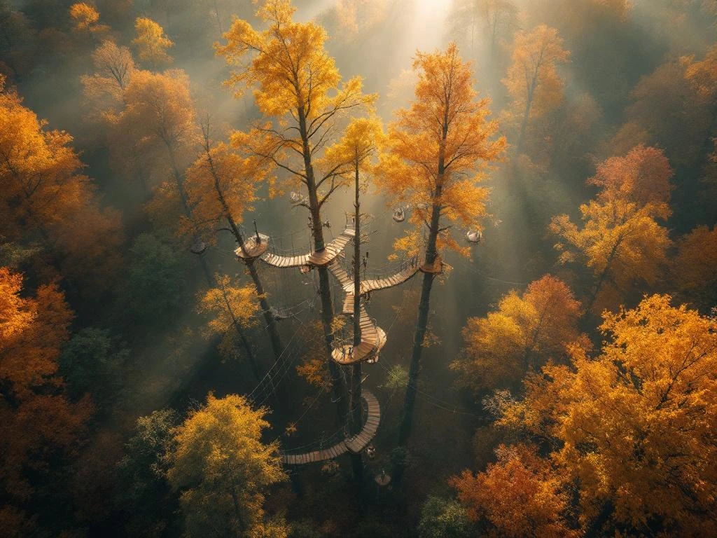 Luchtfoto van boomtop avonturenparcours in Nederlands herfstbos met oranje bladeren en houten platforms tussen bomen
