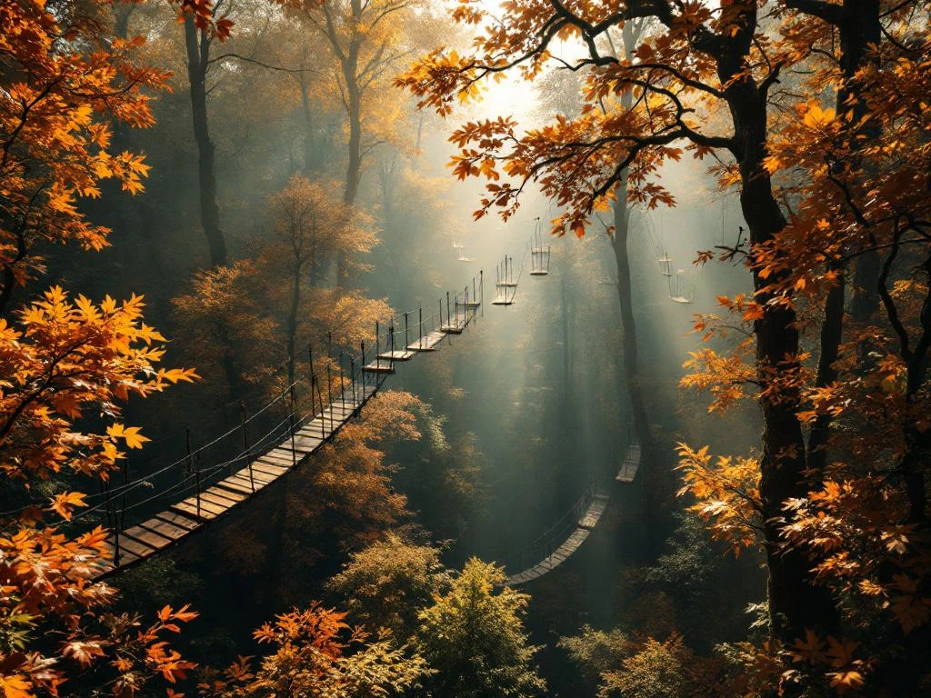 Luchtfoto van Nederlands herfstbos met houten klimparcours tussen gouden bladerdek in ochtendlicht