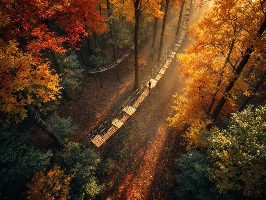 Luchtfoto van Nederlands bos in herfstkleuren met klimbaan en touwbruggen tussen bomen met oranje en gouden bladeren