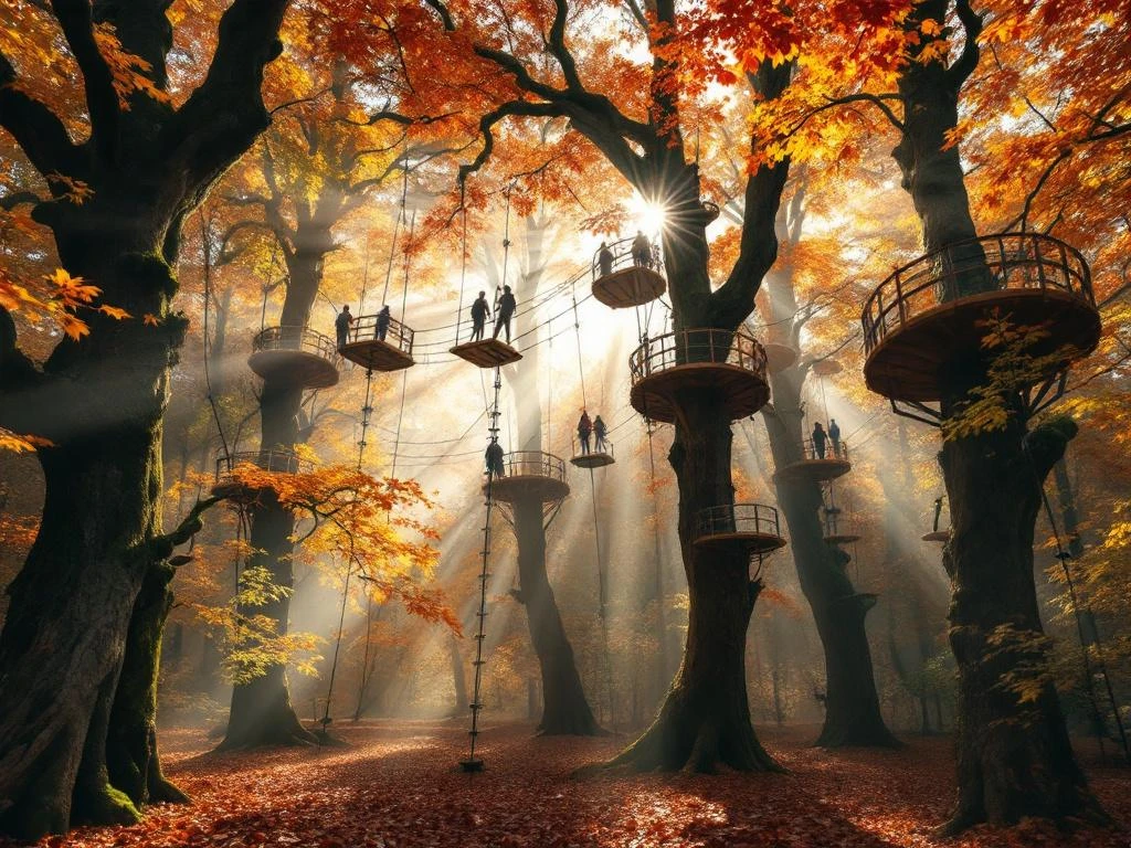 Touwklimpark tussen hoge eikenbomen met oranje en gouden herfstbladeren in Nederlands bos met zonnestralen