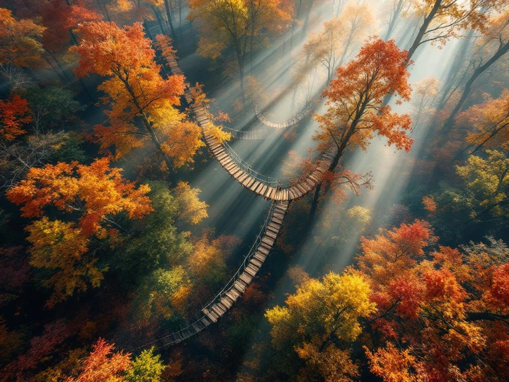 Luchtfoto van Nederlands herfstbos met avonturenpark tussen oranje en gouden bladeren, zonnestralen door ochtendmist