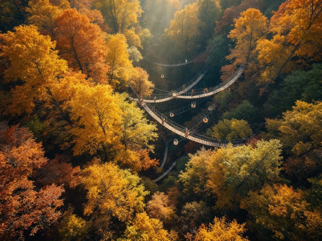 Luchtfoto van Nederlands bos in herfstkleuren met houten platforms en touwbruggen tussen eiken en beuken