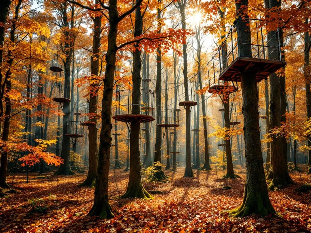 Boomtop klimparcours met houten platforms en touwen in Nederlands herfstbos met oranje en gouden bladeren