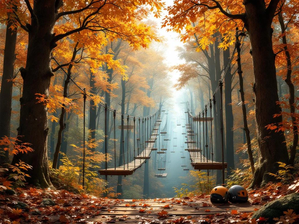 Herfstbos met touwbruggen, houten platforms en klimuitrusting voor avontuurlijk boomklimmen tussen kleurrijke bomen