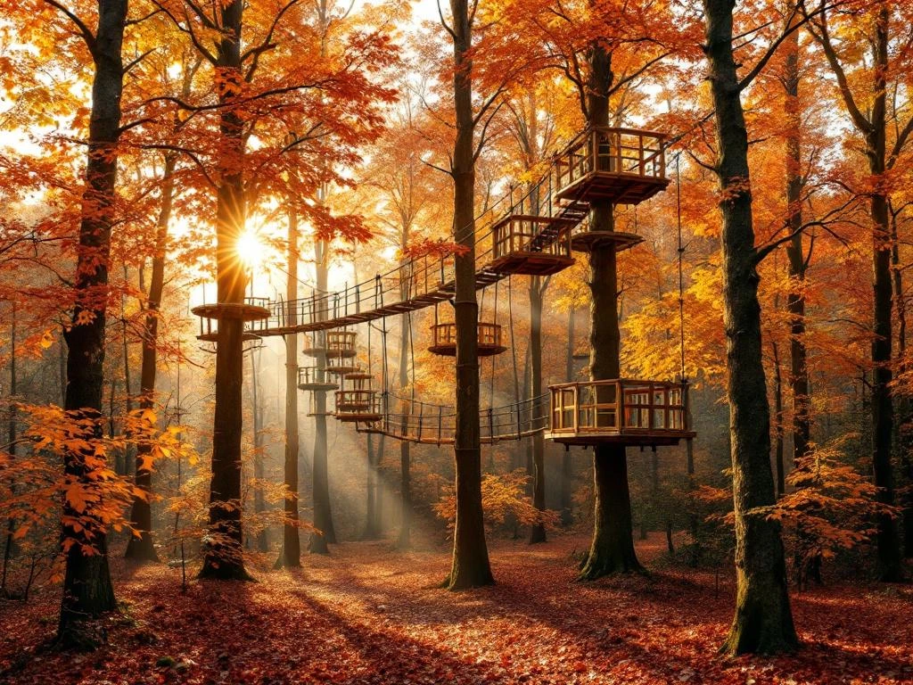 Boomtop avonturenpark in Nederlands herfstbos met oranje en gouden bladeren, houten platforms en zipline tussen bomen