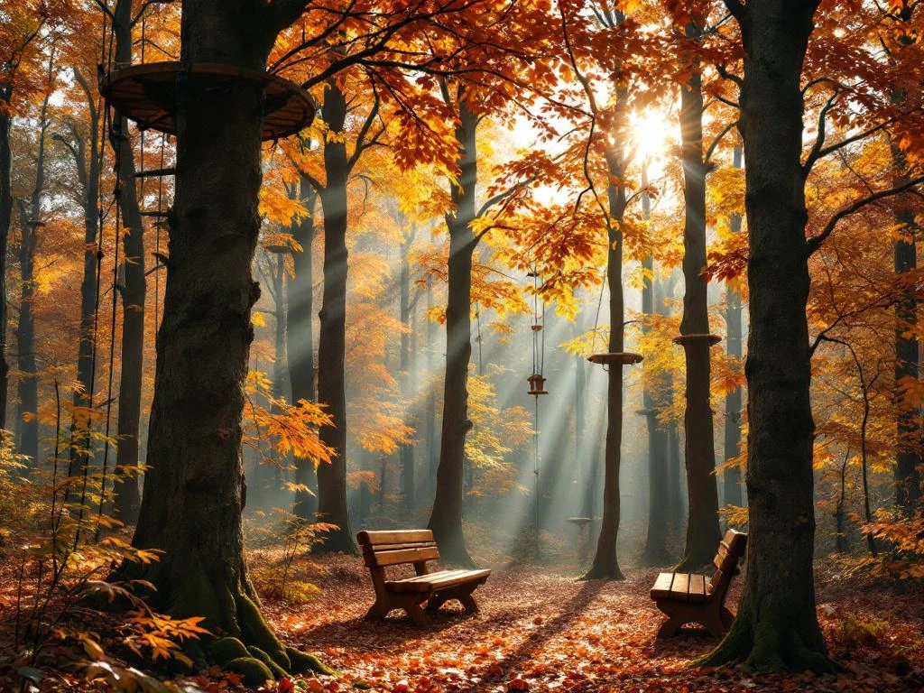 Herfstbos in Nederland met gouden bladeren, zonnestralen en avontuurlijke klimuitrusting tussen de bomen