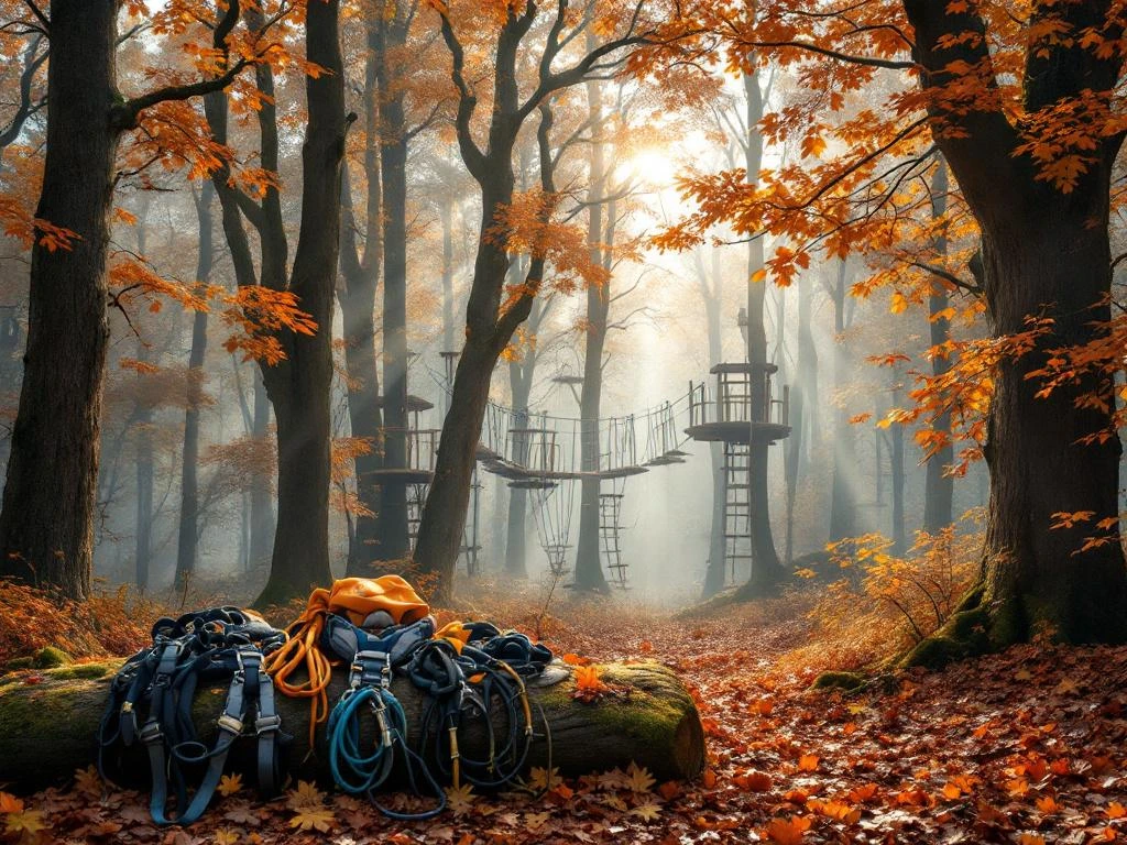 Herfstbos met avonturenpark tussen kleurrijke bomen, klimuitrusting op voorgrond, zonnestralen door mist