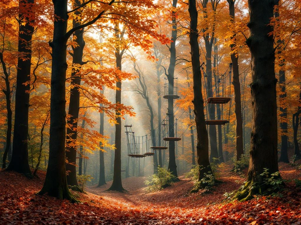 Herfstbos in Nederland met kleurrijke bladeren en touwbruggen van avonturenpark tussen de bomen