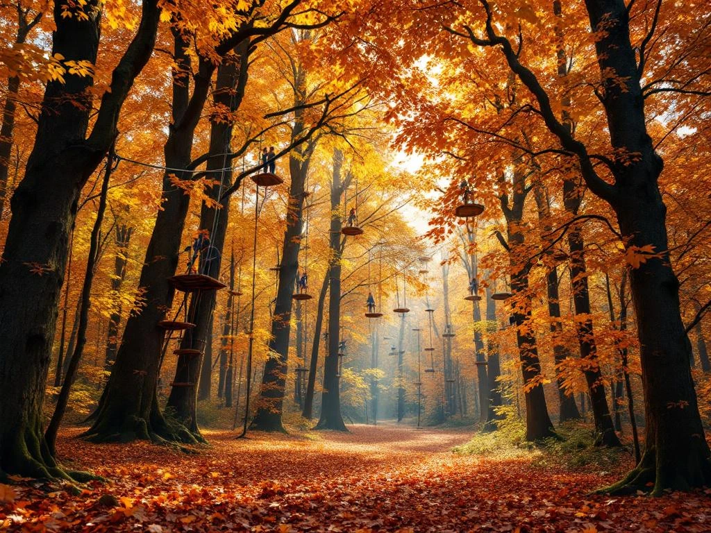 Herfstbos in Nederland met klimbomen, oranje bladeren en avontuurlijke klimuitrusting voor gezinnen