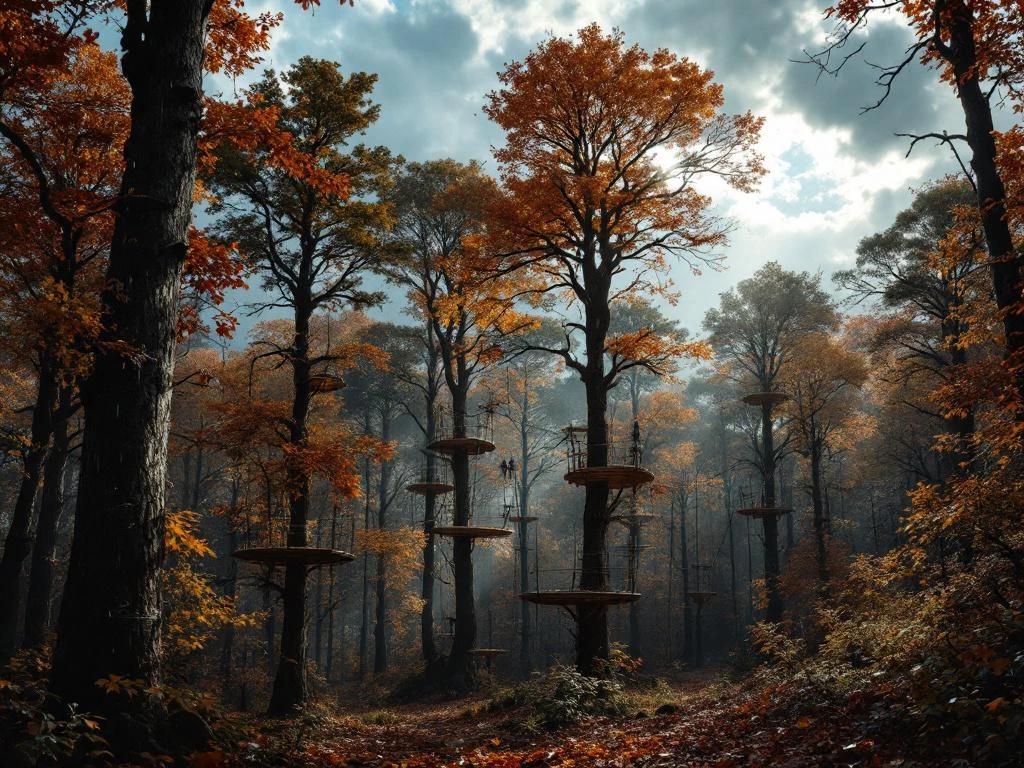Herfstbos in Nederland met klimbaan tussen bomen, herfstbladeren op de grond en regenwolken boven de gouden bladeren