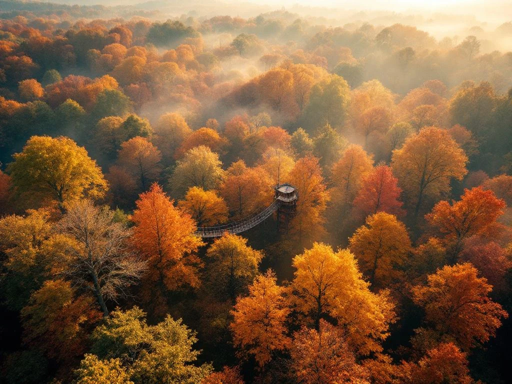 Luchtfoto van Nederlands herfstbos met gouden bladeren en houten klimparcours tussen eiken en beuken in Overijssel