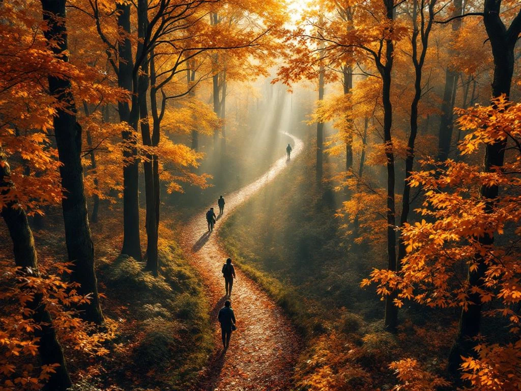 Luchtfoto van Nederlands herfstbos met goudkleurige bladeren, wandelaars en fietsers op bospad in ochtendlicht