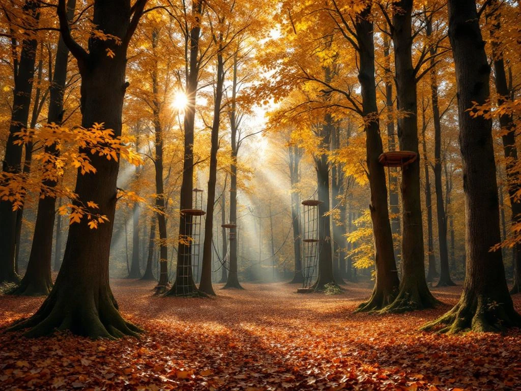 Nederlandse herfstbos met gouden bladeren en avontuuruitrusting voor gezinnen tussen de bomen