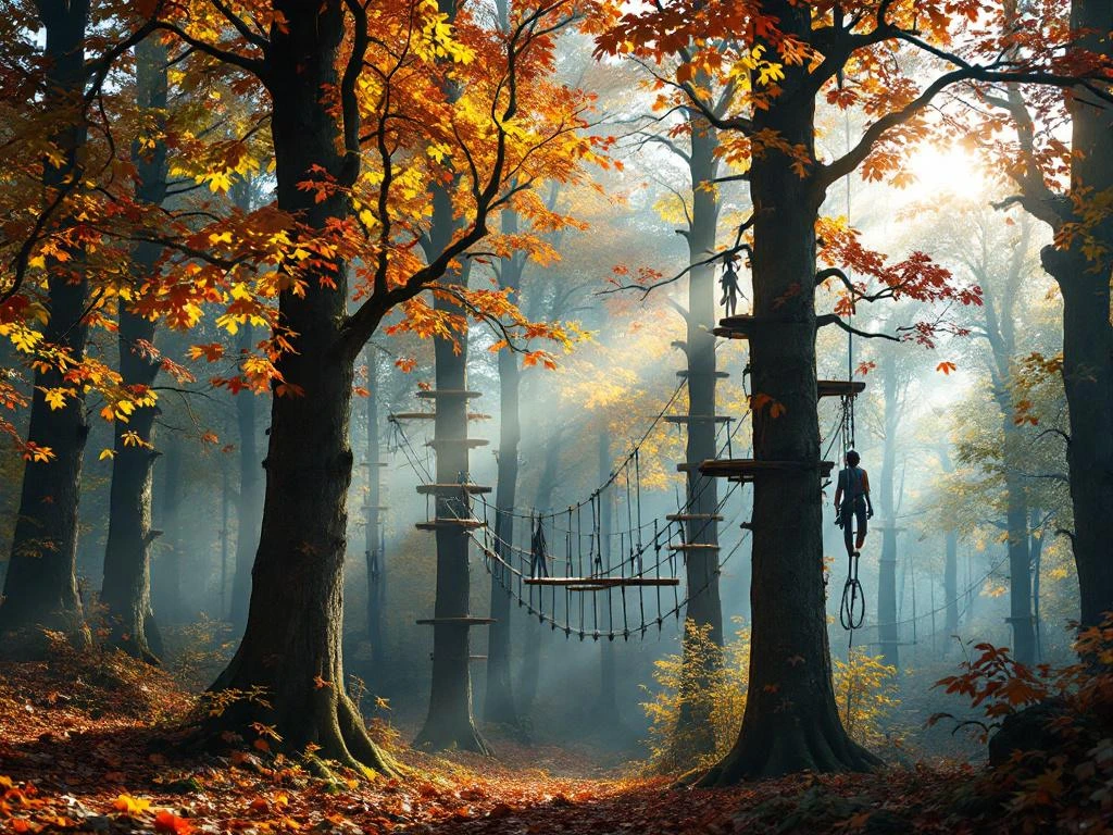 Herfstbos met avonturenpark tussen bomen met oranje en gouden bladeren, touwbruggen en klimbanen in Nederlands landschap